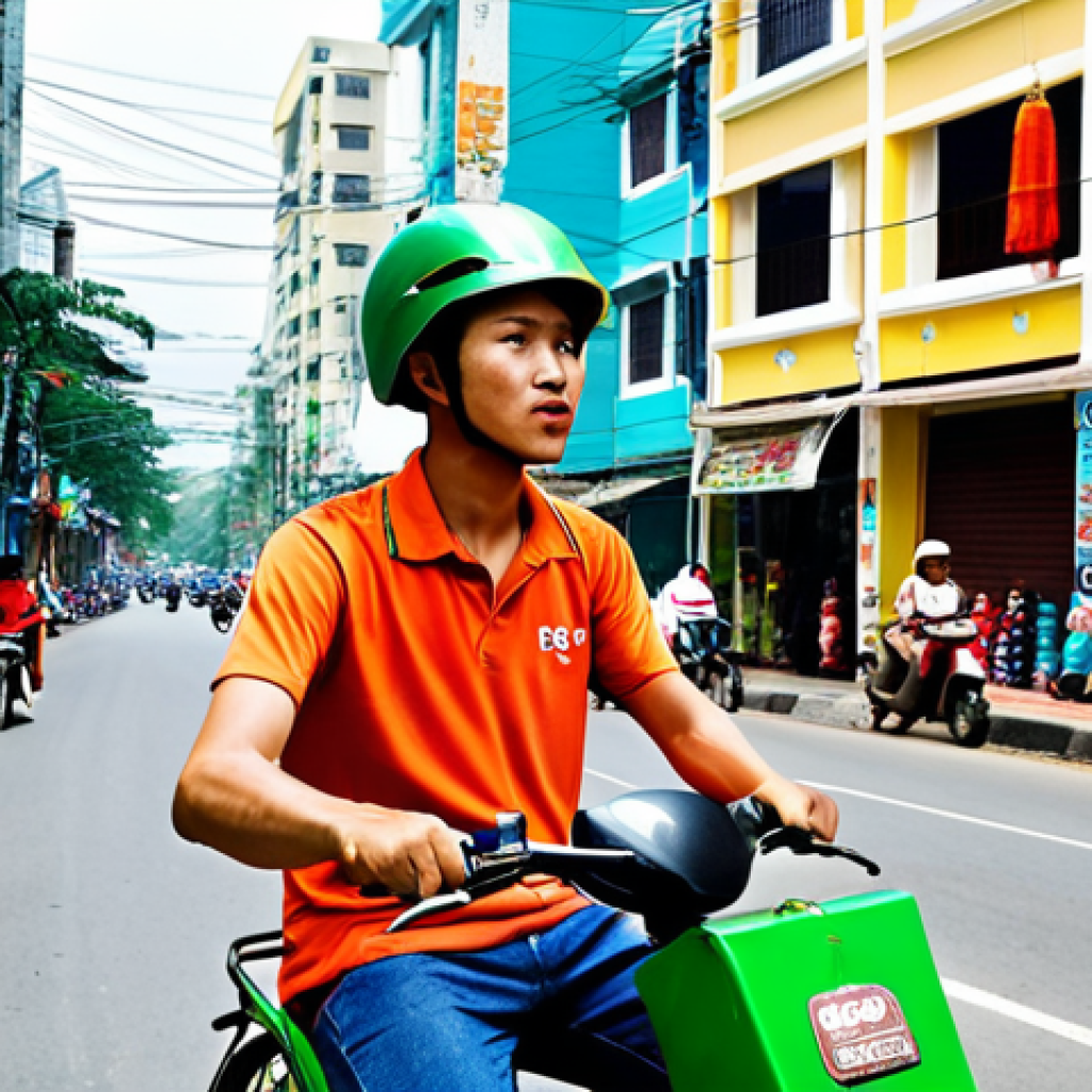 **Image:** A bustling street scene in Ho Chi Minh City. A young Vietnamese man is working as a GrabBike driver, wearing a green Grab helmet. In the background, there are modern apartment buildings and traditional Vietnamese shops. The scene captures the dynamic energy of Vietnam's sharing economy, showcasing the mix of traditional and modern life.
