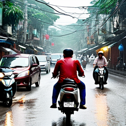 **

"A bustling Hanoi street scene during rush hour, a deluge of motorbikes navigating through heavy rain. In the foreground, a frustrated person is checking their ride-hailing app on their phone. The atmosphere is chaotic but distinctly Vietnamese. Focus on the dynamic energy and the inconvenience of surge pricing."

**