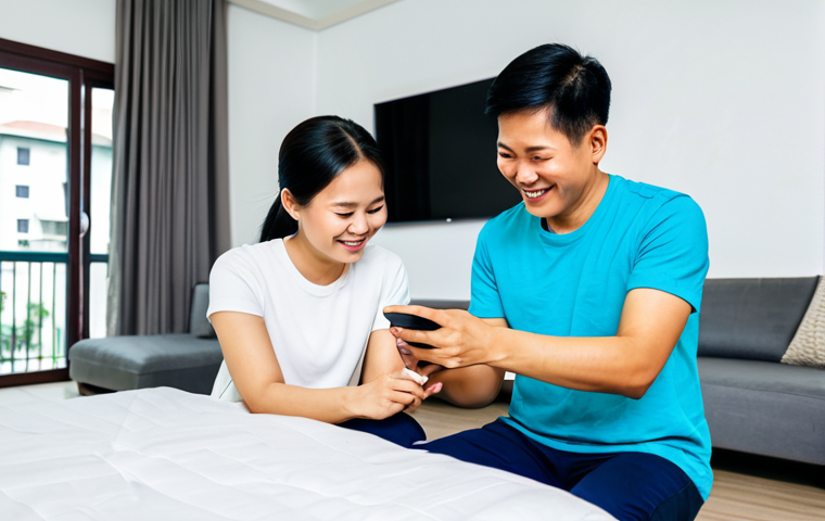 공유경제 시대의 자산 가치 변화 - Modern Vietnamese Family Using Sharing Economy App**
"A happy Vietnamese family, fully clothed in m...