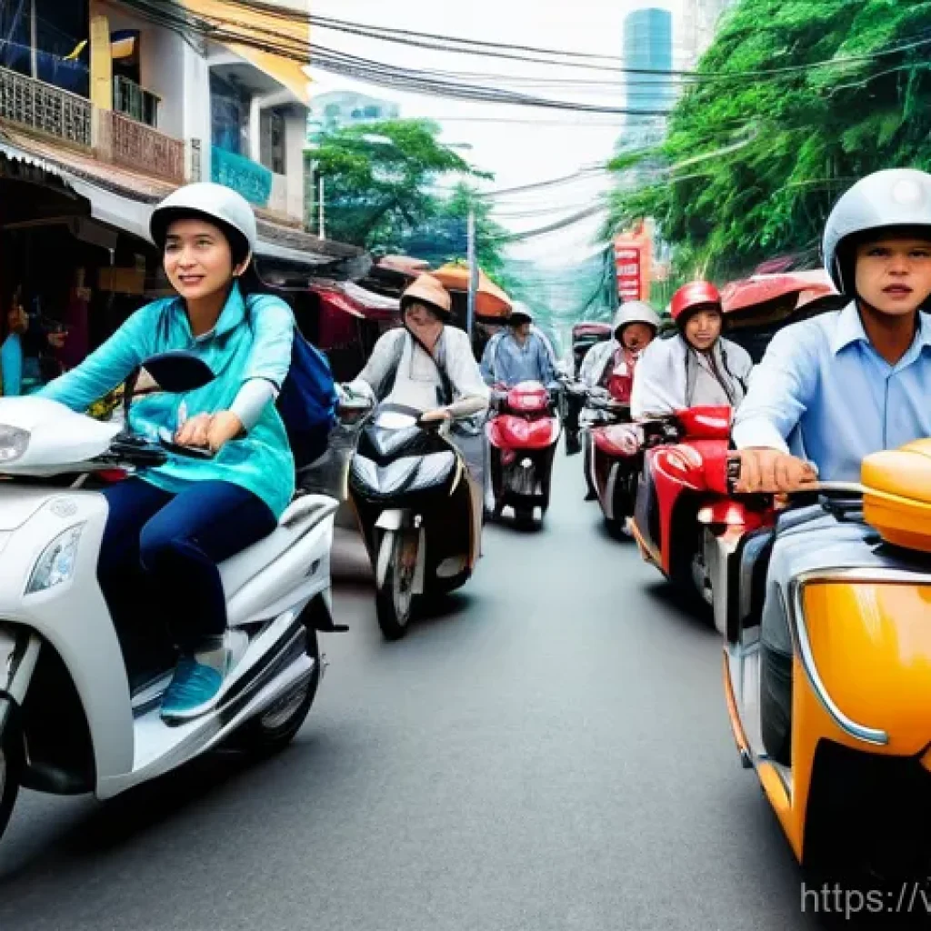 다양한 공유경제 모델 비교 분석 - **Urban Mobility in Vietnam's Sharing Economy**
A vibrant and bustling street scene in a modern ...