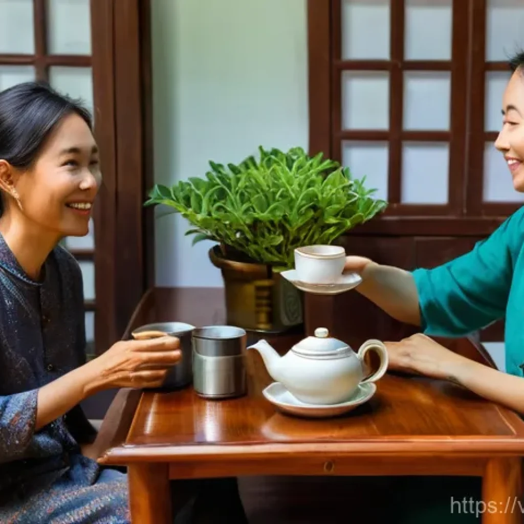 공유경제의 지역 경제 활성화 방안 - A warm and inviting scene in a charming traditional Vietnamese homestay, where a friendly Vietnamese...