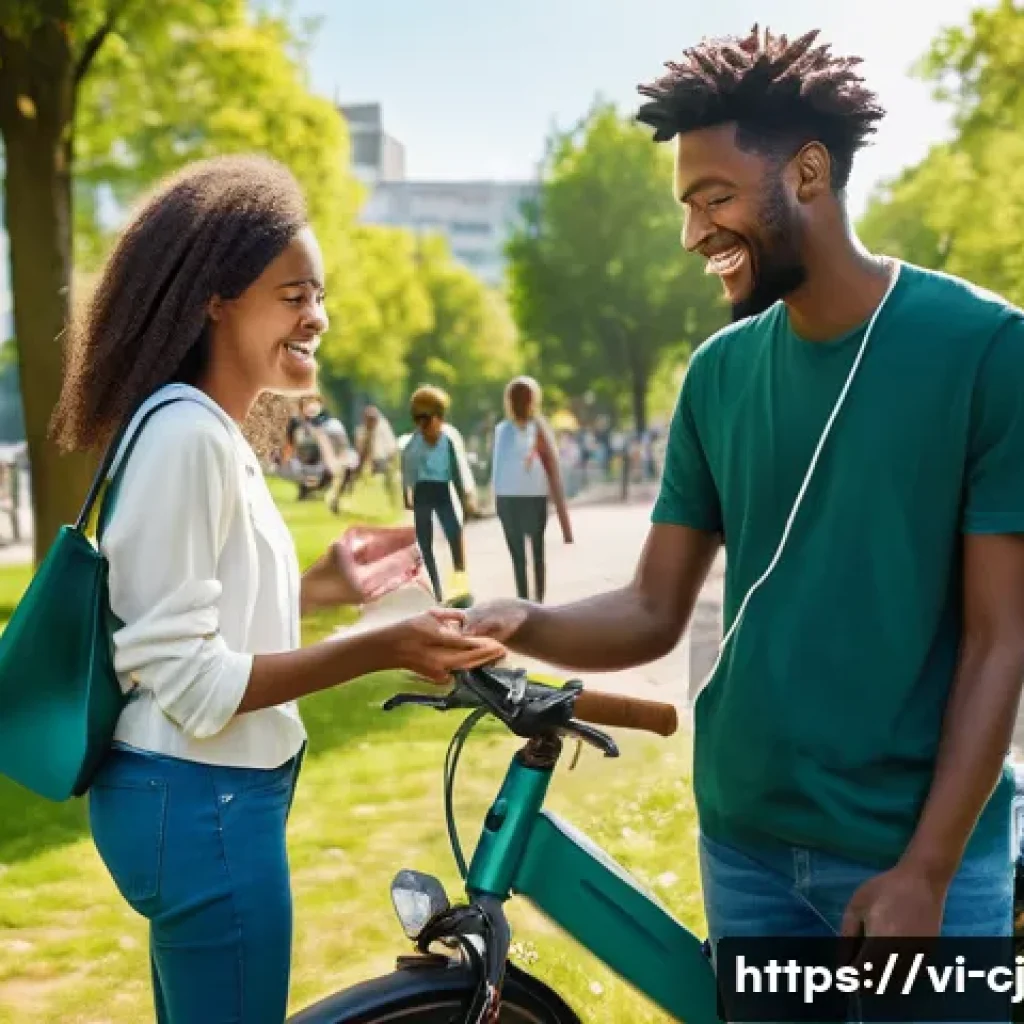2024년 공유경제 트렌드 분석 - **Prompt:** A vibrant, sun-drenched urban park filled with diverse people engaging in a sustainable ...