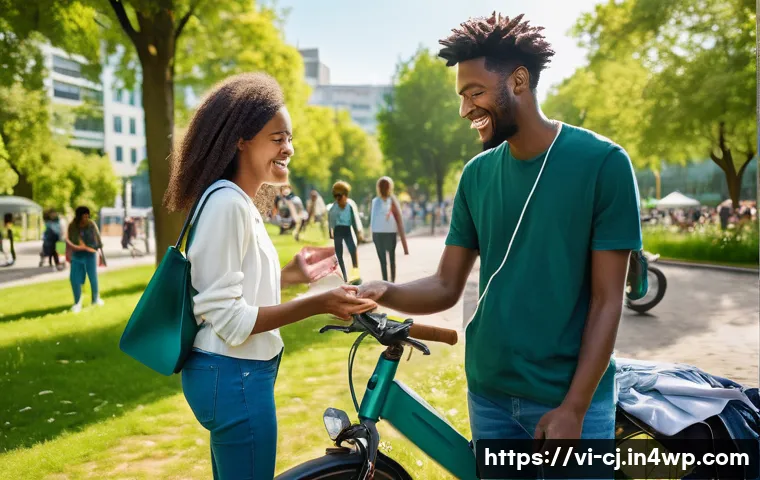2024년 공유경제 트렌드 분석 - **Prompt:** A vibrant, sun-drenched urban park filled with diverse people engaging in a sustainable ...