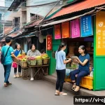 Home 22 공유경제 플랫폼 성공 사례 연구 - A vibrant urban scene depicting a diverse community of Vietnamese people engaging in a sharing econo...