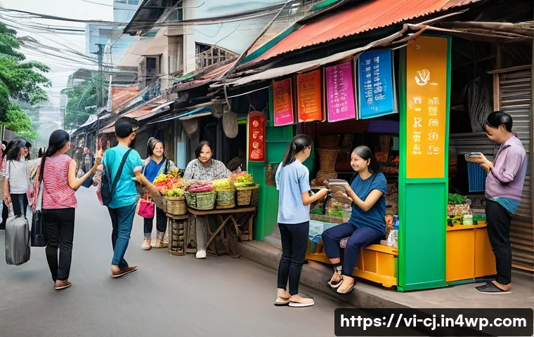 공유경제 플랫폼 성공 사례 연구 - A vibrant urban scene depicting a diverse community of Vietnamese people engaging in a sharing econo...