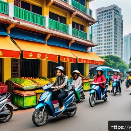 Home 33 공유경제의 변화하는 고객 기대치 - A vibrant Vietnamese urban scene showing a diverse group of people using a ride-sharing app on smart...