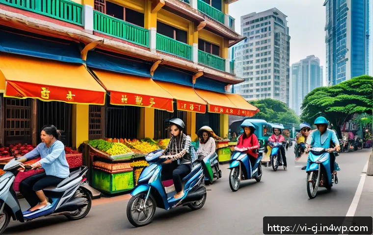 공유경제의 변화하는 고객 기대치 - A vibrant Vietnamese urban scene showing a diverse group of people using a ride-sharing app on smart...
