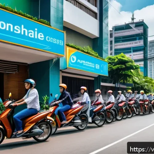 Home 32 공유경제 발전을 위한 인프라 개선 방안 - A bustling Vietnamese urban street scene featuring a diverse group of people using ride-sharing apps...