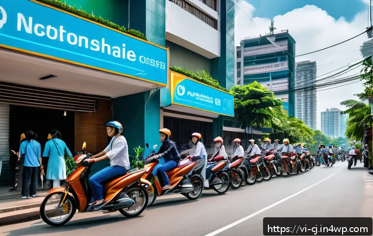 공유경제 발전을 위한 인프라 개선 방안 - A bustling Vietnamese urban street scene featuring a diverse group of people using ride-sharing apps...
