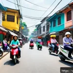 Home 19 공유경제의 국제적 발전 사례 - A vibrant Vietnamese street scene featuring diverse people using mobile apps on their smartphones to...