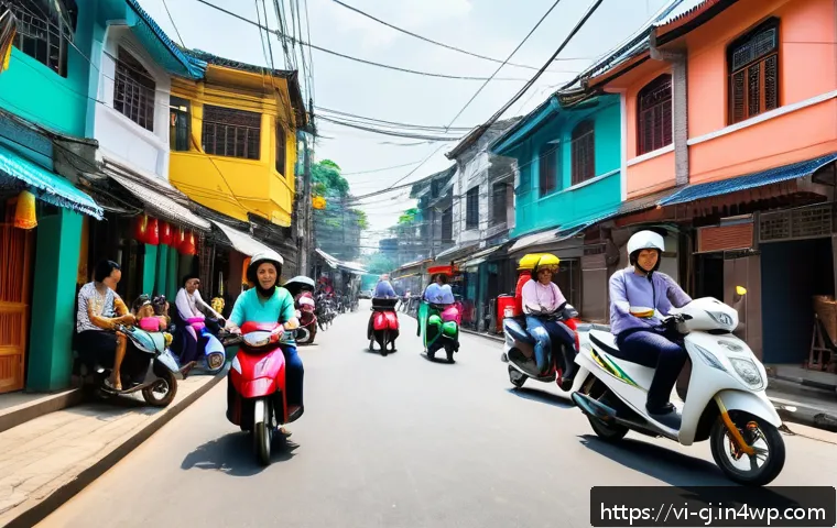 공유경제의 국제적 발전 사례 - A vibrant Vietnamese street scene featuring diverse people using mobile apps on their smartphones to...