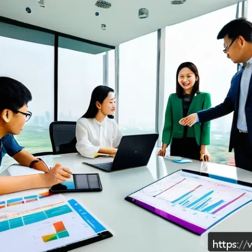 Home 30 공유경제의 설치 및 운영 비용 분석 - An office scene illustrating a Vietnamese shared economy startup team collaborating on cost manageme...