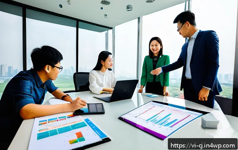 공유경제의 설치 및 운영 비용 분석 - An office scene illustrating a Vietnamese shared economy startup team collaborating on cost manageme...