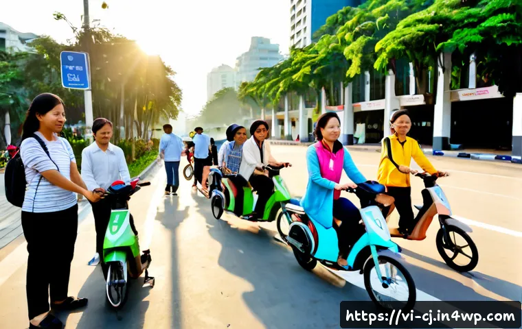 Home 17 공유경제 활성화를 위한 정책 제안 - Photorealistic community mobility hub in Ho Chi Minh City, Vietnam, diverse Vietnamese adults using ...